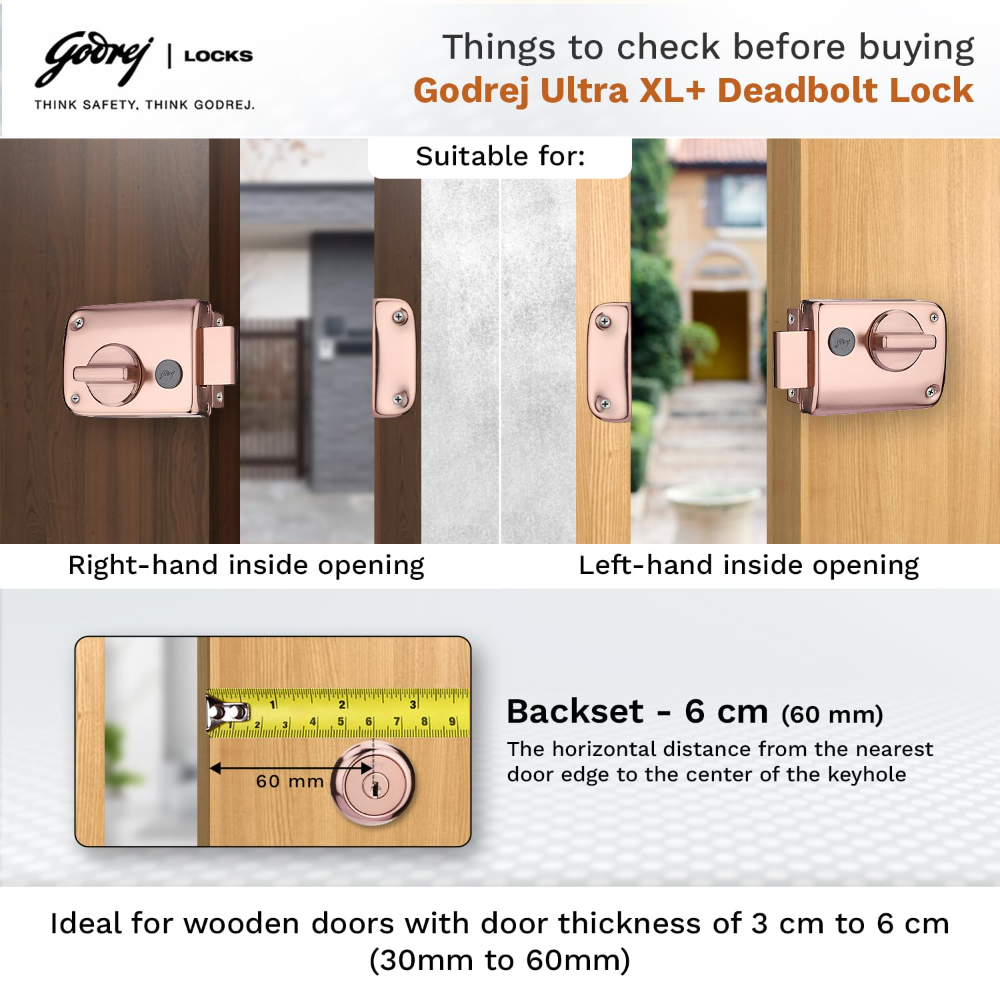 Godrej Rim Lock I Rim Deadbolt Ultra XLplus I 1CK Deadbolt I for Inside Opening Wooden Door | Left or Right Handed Doors I 4 Keys I 5-Year Warranty I Manual Locking l Rose Gold Finish